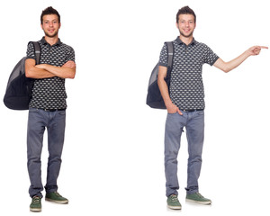 Collage of student with backpack on white