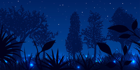 Forest with glowing fireflies at night. Vector illustration. - 162094741