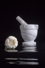 Garlic in mortar and pestle