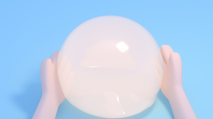 Cartoon hands holding a big soft bubble. 3d render picture.