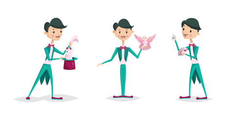 Cute magician character tricks vector illustration magic show cartoon man wizard circus