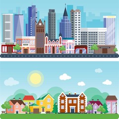 City outdoor day landscape house street buildings outdoor disign vector illustration modern flat background