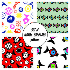 Set of vector seamless decorative pattern with hand drawn fish, starfish, octopus. Cute childlike backgrounds. Template for wrapping, fabric, cover. Series of hand drawn decorative seamless patterns.