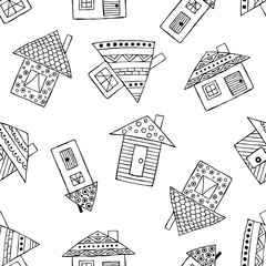 Vector hand drawn seamless pattern, decorative stylized black and white childish houses. Doodle sketch style, graphic illustration, background. Ornamental cute hand drawing. Line drawing.