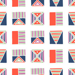 Seamless vector pattern. Geometrical background with hand drawn decorative tribal elements in vintage colors. Print with ethnic, folk, traditional motifs. Graphic vector illustration.