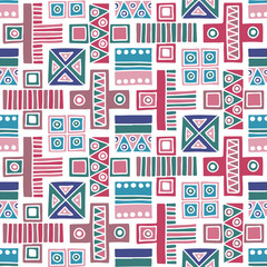 Obraz premium Seamless vector pattern. Geometrical background with hand drawn decorative tribal elements in vintage colors. Print with ethnic, folk, traditional motifs. Graphic vector illustration.