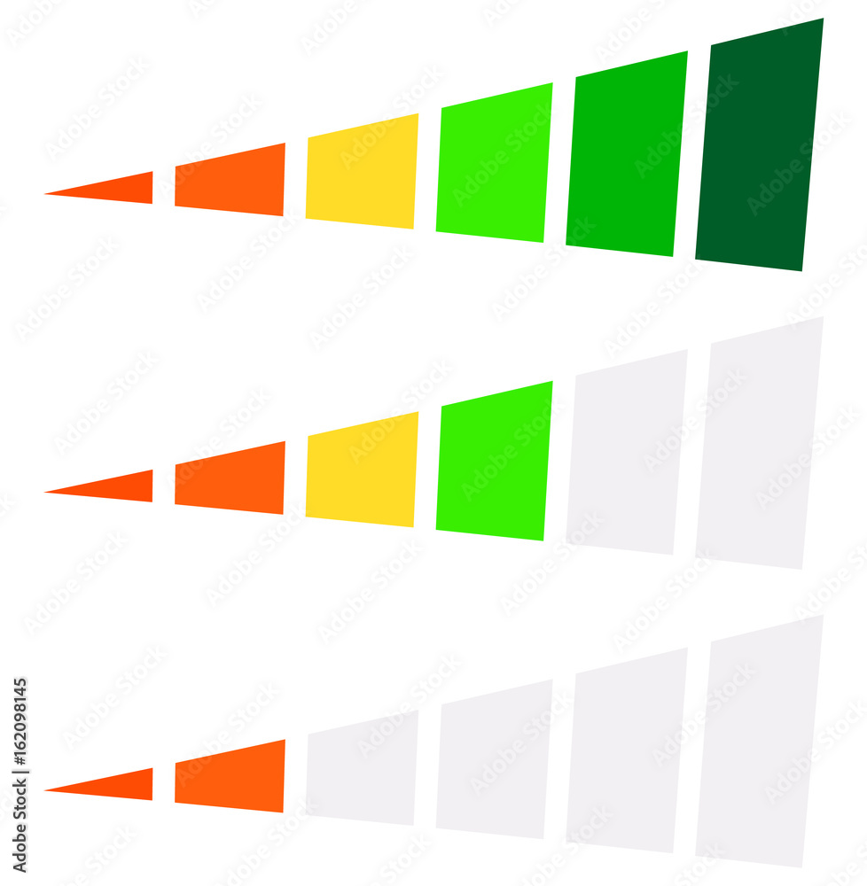 Poster Progress bar, level indicator in perspective. 6-step progress bar with green, yellow, red colors. Progression, completion, buffer icon at different levels