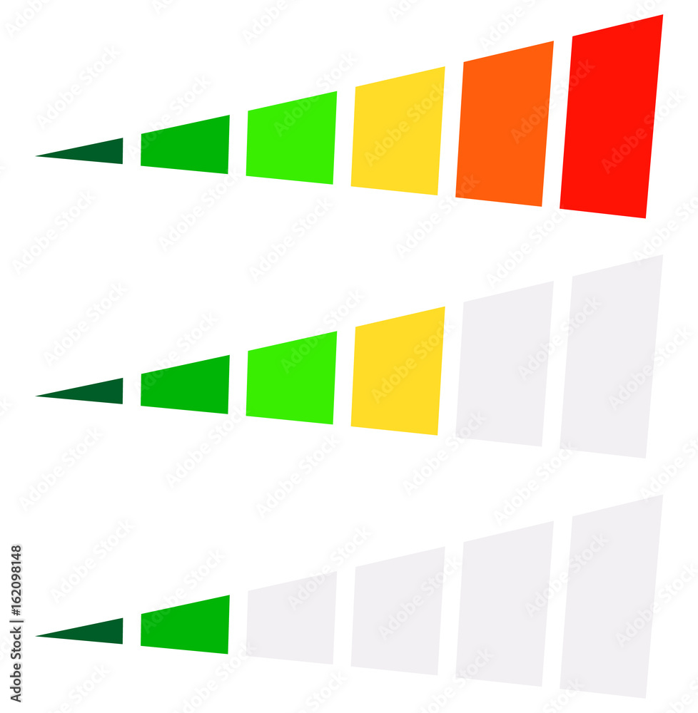 Poster progress bar, level indicator in perspective. 6-step progress bar with green, yellow, red colors. pr