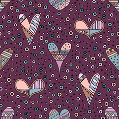Vector hand drawn seamless pattern, decorative stylized childish hearts. Doodle style, tribal graphic illustration Cute hand drawing in vintage colors. Series of doodle, cartoon, sketch illustrations - 162098158