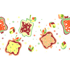 Seamless vector hand drawn childish pattern, border with fruits. Cute childlike pomegranate with leaves, seeds, drops. Doodle, sketch, cartoon style background. Endless repeat swatch
