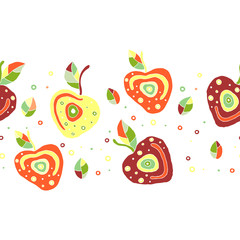 Seamless vector hand drawn childish pattern, border with fruits. Cute childlike cherry with leaves, seeds, drops. Doodle, sketch, cartoon style background. Endless repeat swatch
