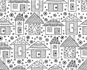 Obraz premium Vector hand drawn seamless pattern, decorative stylized black and white childish houses. Doodle sketch style, graphic illustration, background. Ornamental cute hand drawing. Line drawing.