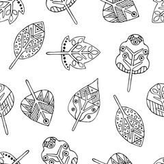 Naklejka premium Vector hand drawn seamless pattern, decorative stylized black and white childish trees. Doodle sketch style, graphic illustration, background. Ornamental cute hand drawing. Line drawing.
