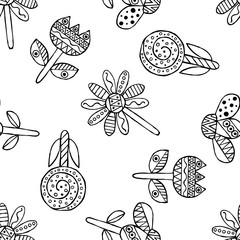 Fototapeta premium Vector hand drawn seamless pattern, decorative stylized black and white childish flowers. Doodle sketch style, graphic illustration, background. Ornamental cute hand drawing. Line drawing.