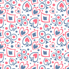 Seamless vector pattern with icons of playings cards. background with hand drawn symbols. Decorative repeat ornament. Series of Gaming and Gambling Seamless vector Patterns.