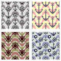 Fototapeta premium Set of vector seamless patterns with anchor, steering wheel, life preserver and waves. Creative geometric symmetrical background, nautical theme. Graphic illustration in beige, grey, brown colors.