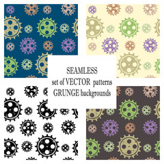 Set of vector seamless patterns with mechanism of watch. Creative geometric grunge backgrounds with gear wheel. Texture with cracks, ambrosia, scratches, attrition. Graphic illustration.