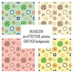 Set of vector seamless patterns with mechanism of watch. Creative geometric grunge backgrounds with gear wheel. Texture with cracks, ambrosia, scratches, attrition. Graphic illustration.