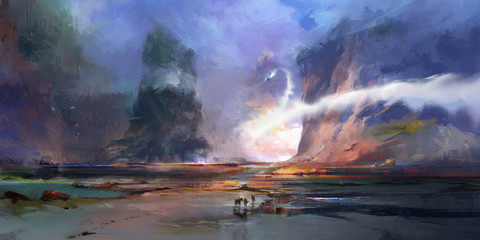 bright painted fantastic landscape of the future