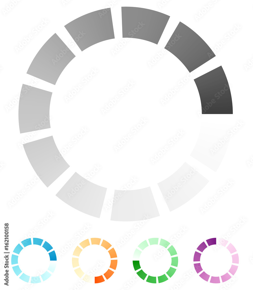Poster Progress, process indicator with 4 step. Progress bar, preloader (buffer) symbol. Gray plus 4 color circular loading symbol for presentations, infographics or interfaces