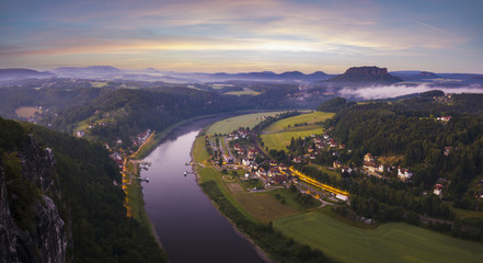 Fototapeta premium View from the Bastei bridge on the Saxon swiss in the morning, germany