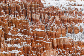 Giant Hoodoos and pine trees on cliff face, covered with new snow in Bryce Canyon National Park, Utah.

