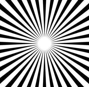 Radial lines starburst, sunburst pattern. Black and white circular lines, stripes abstract element.