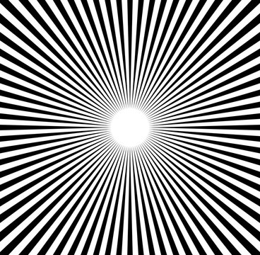 Radial lines starburst, sunburst pattern. Black and white circular lines, stripes abstract element.
