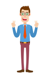 Businessman showing victory hand sign or quotes hand sign