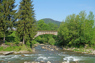 Fototapeta na wymiar A bridge over a mountain river in the Ukrainian Carpathians. Bridge over the river