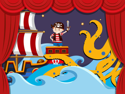 Stage play with pirate fighting kraken