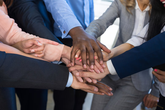 Stack Of Hands, Teamwork Concept, Business People Group Joining Arms In Pile, Diverse Team Of Businesspeople Working Together Support And Partnership