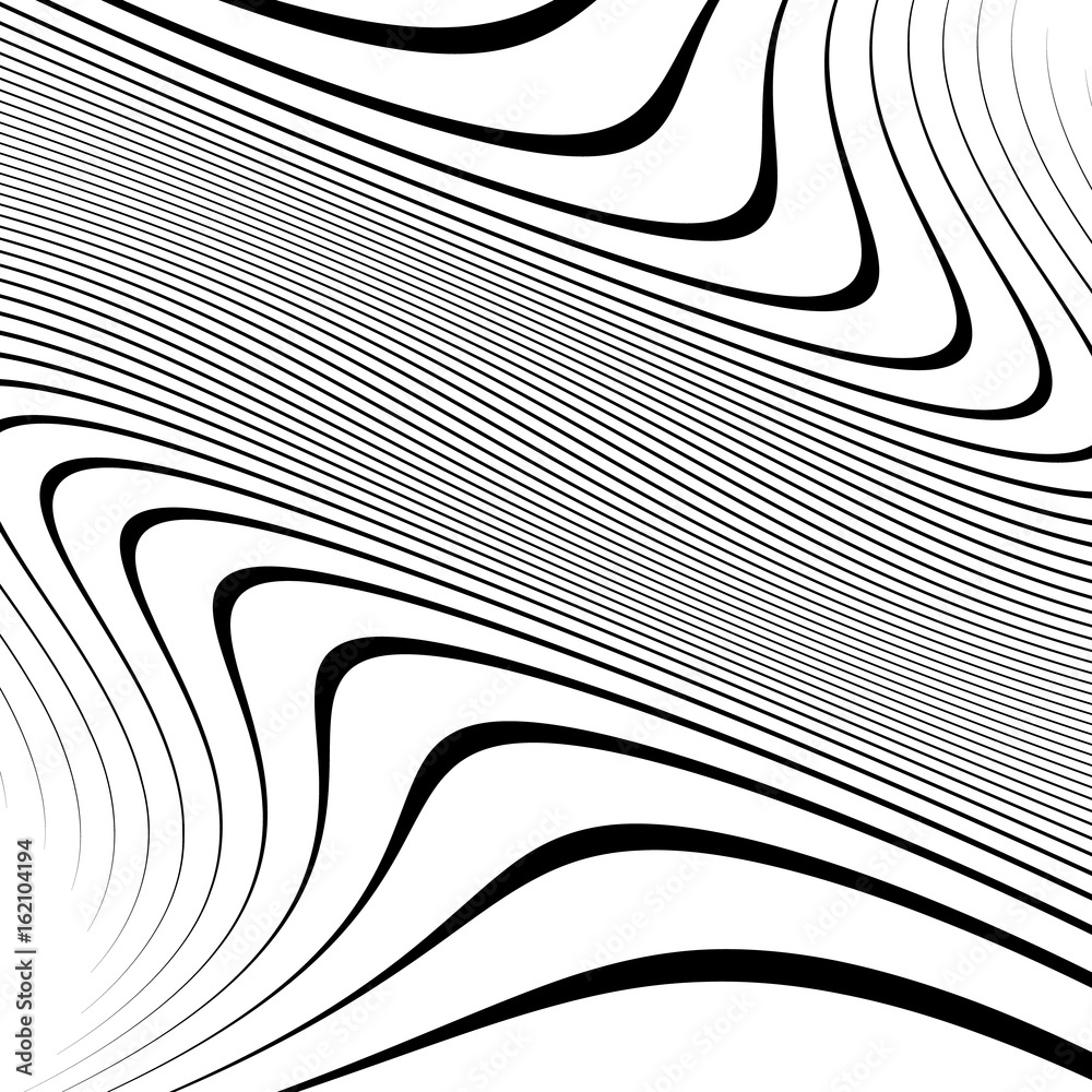Poster Curvy, waving lines abstract geometry element. Monochrome distorted stripes, random lines pattern