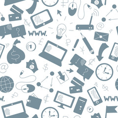 Seamless background on a theme business on the Internet and information technology ,a grey silhouettes of icons on the white background 