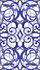 Illustration in stained glass style with abstract  swirls,flowers and leaves  on a light background,vertical orientation gamma blue