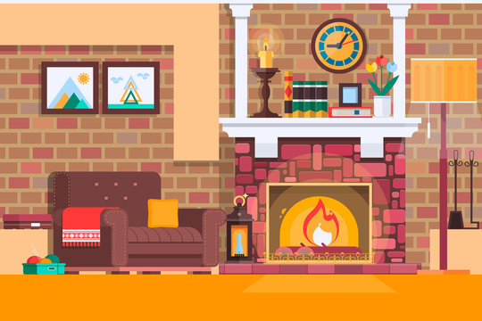 Room interior fireplace design with chair books, table, clock in evening tea time, fireplace. Flat vector illustration