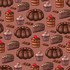Chocolate pastries. Cakes, cupcakes. Seamless pattern. The cartoon style. Vector illustration.