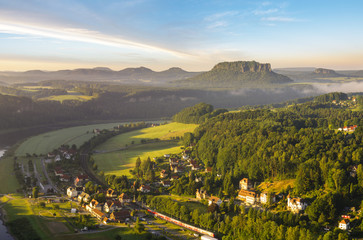 View from the Bastei bridge on the Saxon swiss in the morning, germany
