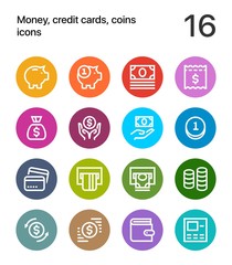 Colorful Money, credit cards, coins icons for web and mobile design pack 1