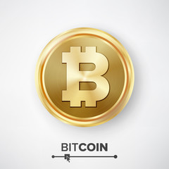 Bitcoin Gold Coin Vector. Realistic Crypto Currency Money And Finance Sign Illustration. Bitcoin Digital Currency Counter Icon. Fintech Blockchain. Famous World Cryptography
