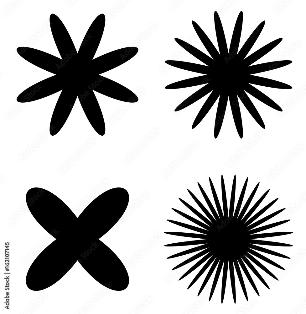 Poster Radial geometric element series. Abstract black and white shape in concentric, circular style. Design elements with various distortion effects. Irregular geometric elements