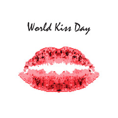 World Kiss Day. 6 July. Watercolor red lips. Imprint of lips and kiss. Print. Vector illustration on isolated background