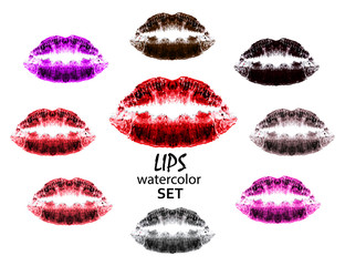 A set of multi-colored prints of lips and kisses. World Kiss Day. 6 July. Watercolor pink, red, purple, gray, raspberry lips. Imprint of lips and kiss. Print. Vector illustration. isolated