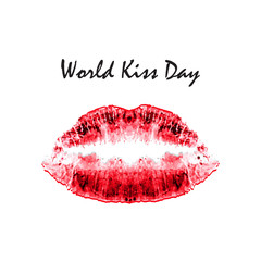 World Kiss Day. 6 July. Watercolor red lips. Imprint of lips and kiss. Print. Vector illustration on isolated background