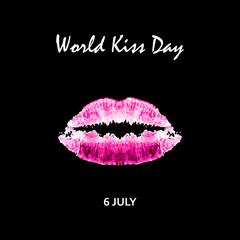 World Kiss Day. 6 July. Watercolor pink lips. Imprint of lips and kiss. Print. Vector illustration on a black background