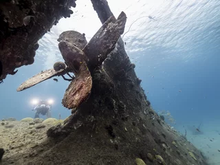 Fototapeten Unterwasser - Riff - Wrack - Schiffswrack - Schwamm - Taucher - Tauchen - Curacao - Karibik © NaturePicsFilms