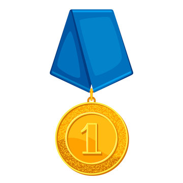 Realistic gold medal with blue ribbon. Illustration of award for sports or corporate competitions