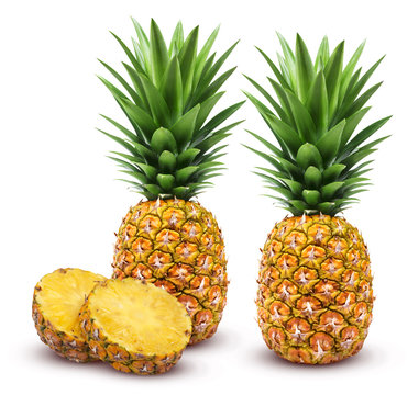 Pineapple isolated. Whole and sliced pineapple isolated on white background Clipping Path