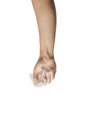 Hand holding plastic glass isolated on white background. File contains a clipping path.