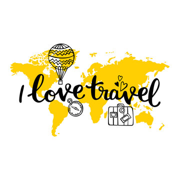 Yellow map of world. I love travel. Balloon, compass, suitcase and hearts. Isolated vector object on white background.
